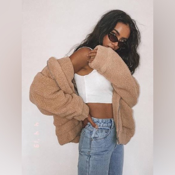 Princess Polly Jackets & Blazers - Princess Polly Oversized Tan Zip Up Teddy Coat Blogger Fav